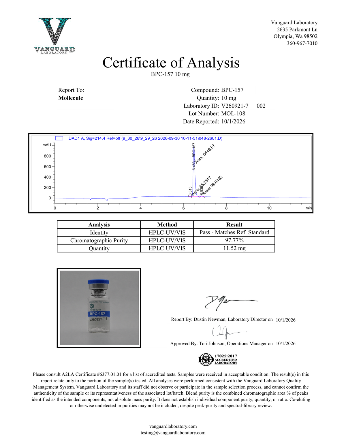 Mollecule Certificate of Analysis for BPC-157 10mg, supplier lot MOL-108