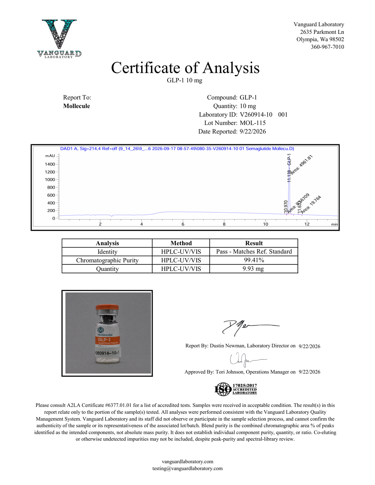 Mollecule Certificate of Analysis for GLP-1 (Semaglutide) 10mg, supplier lot MOL-115