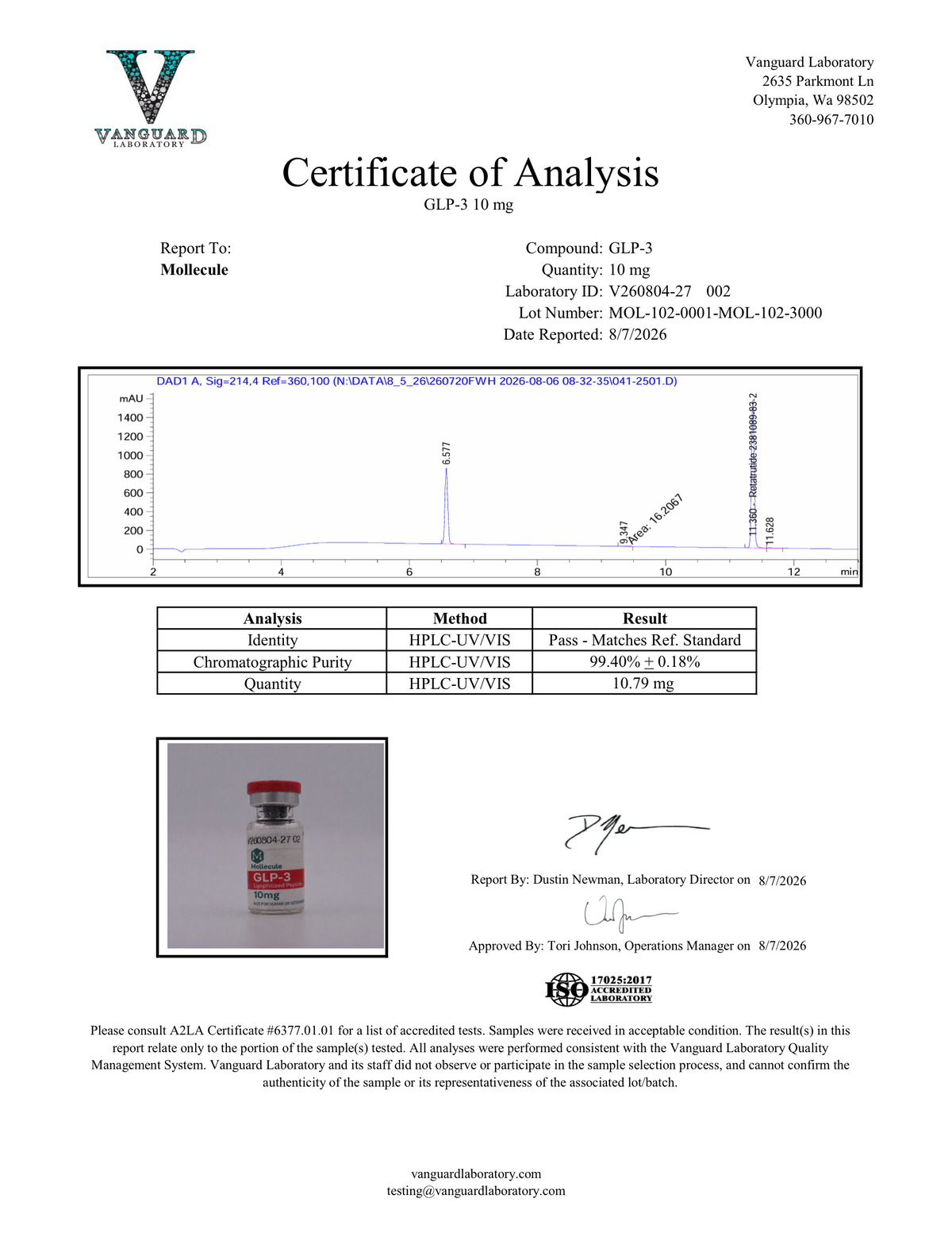 Mollecule Certificate of Analysis for GLP-3 10mg, supplier lot MOL-102