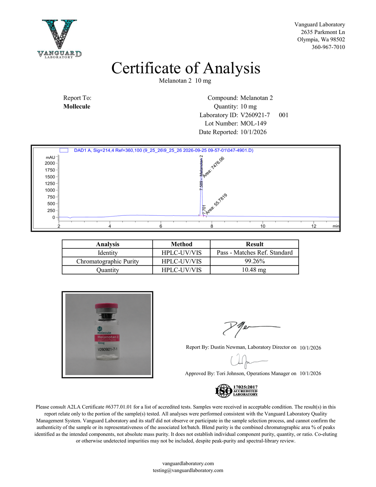 Mollecule Certificate of Analysis for Melanotan II 10mg, supplier lot MOL-149