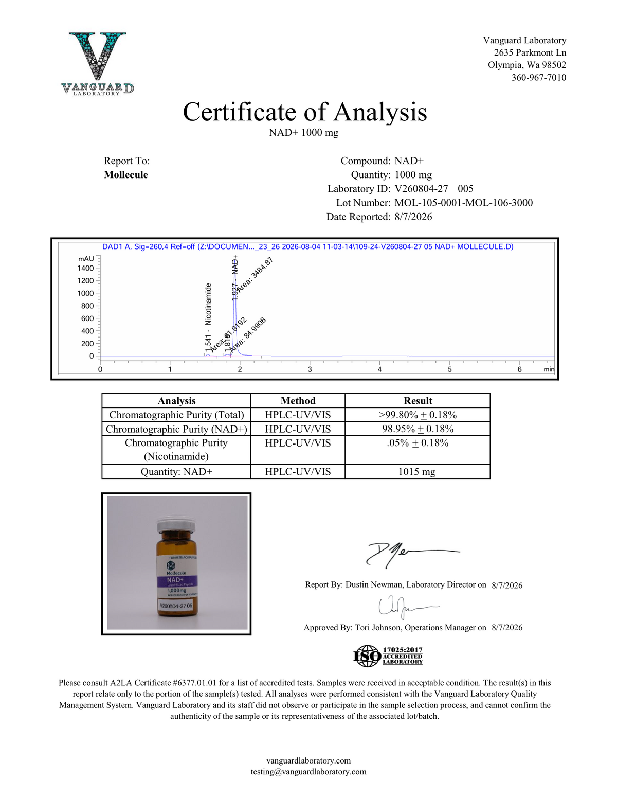 Mollecule Certificate of Analysis for NAD+ 1000mg, supplier lot MOL-105